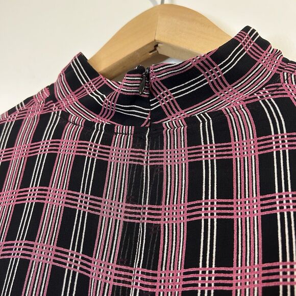 Ganni Blouse Plaid Blouse Top Black Pink Mock Neck Fitted - Size EU 42 US 10/12 - Picture 8 of 15